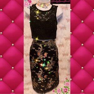 Vintage Clio 90’s black brocade on satin pencil skirt with beaded fringe Sz 12